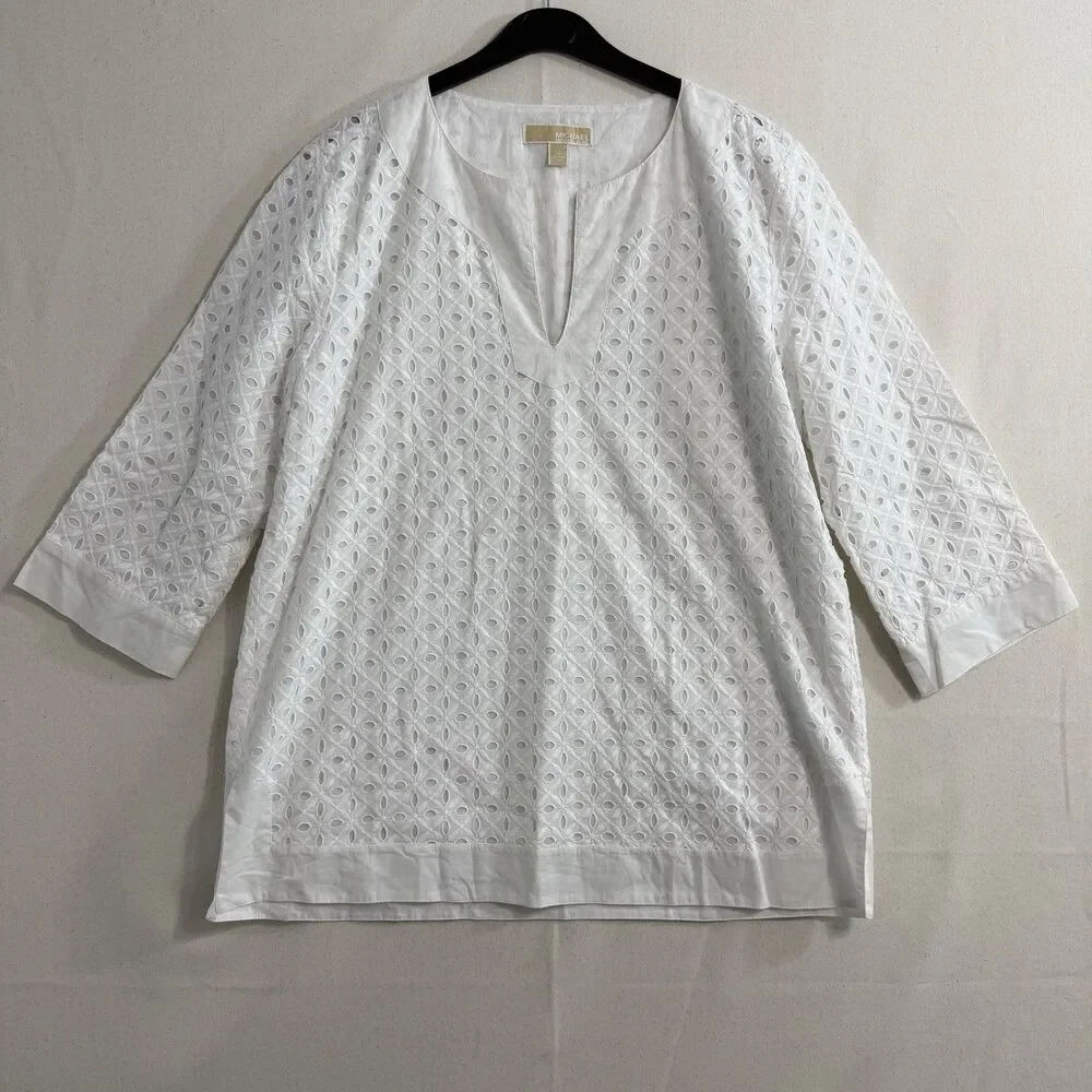 MICHAEL KORS White Cotton Eyelet Top 3/4 Sleeve Blouse Size 12 Tunic Women
